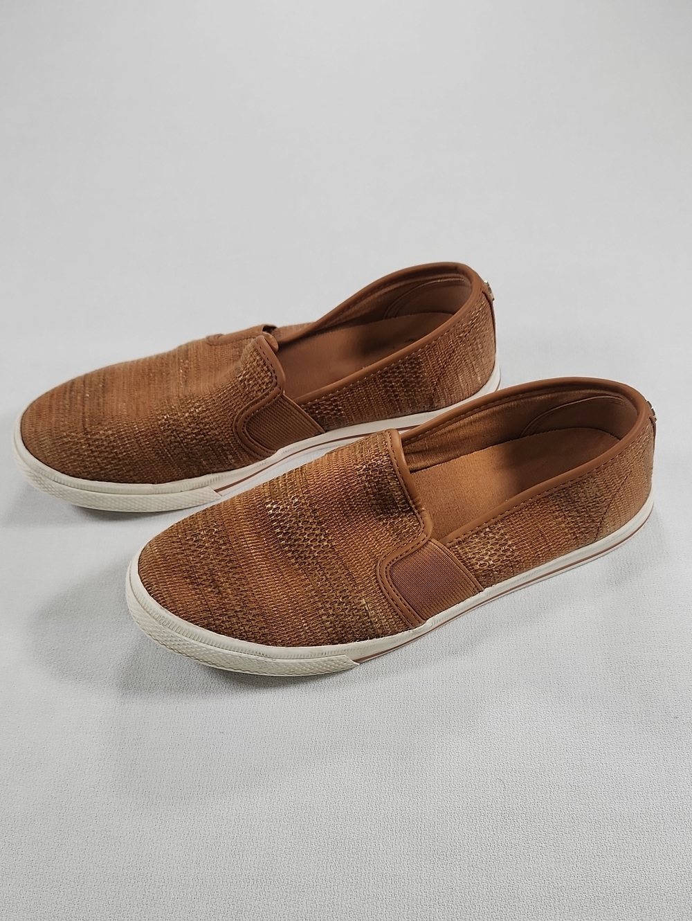 Ralph Lauren Brown Woven Slip-On Loafers Trimmed In White With Gold Logo